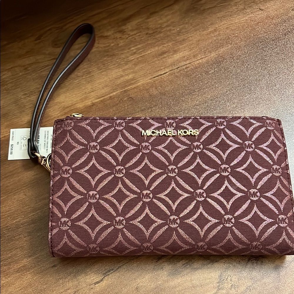 Michael Kors Jet Set Large Double Zip Wristlet Wallet NWT Burgundy Signature